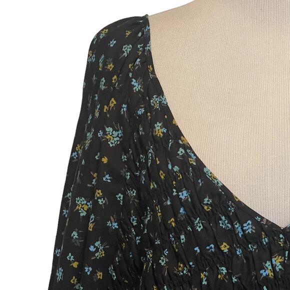 Ava & Viv Smocked Top Women's Size 2X Black Floral V-Neck Balloon Sleeves Cotton - Picture 3 of 10